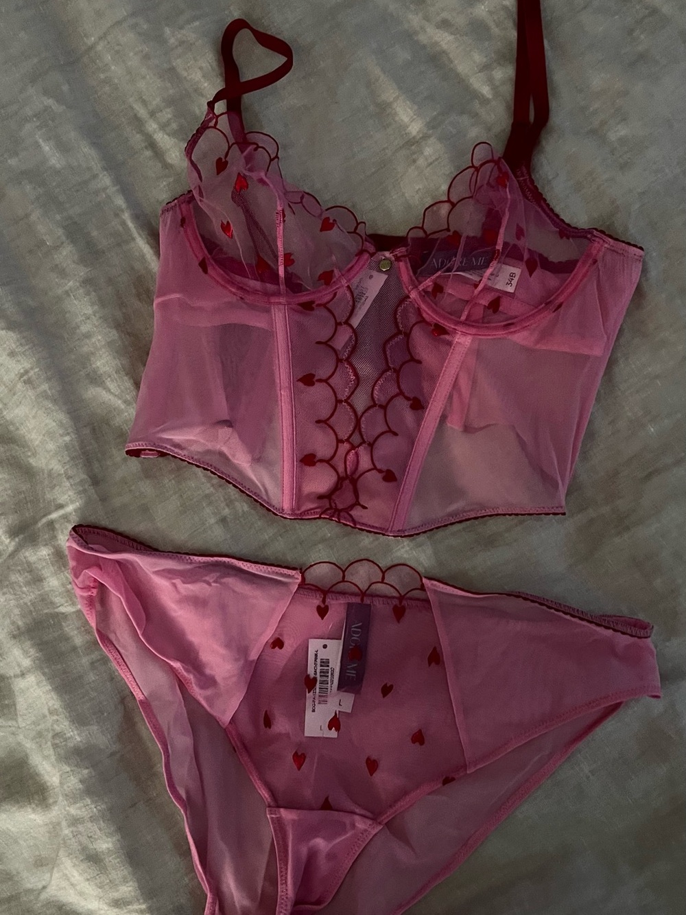 Pink Heart Mesh Longline Bra and High Waisted Panty Set